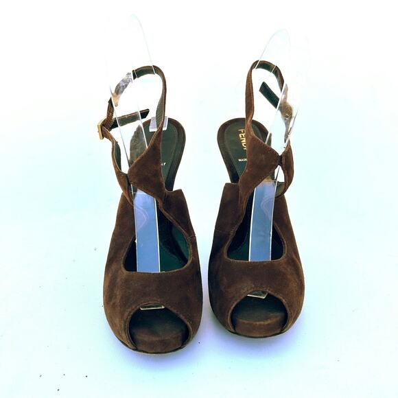 Vintage Y2K Fendi Chocolate Brown Suede Platform Peep Toe Heels 6.5 Pumps 36.5 - Picture 4 of 9